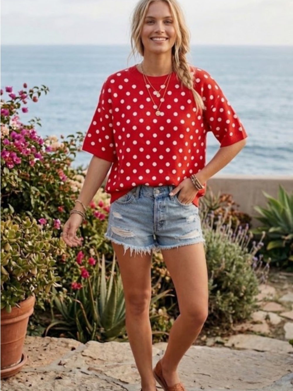 179. Polka dot oversized boxy short sleeve drop shoulder sweater red white